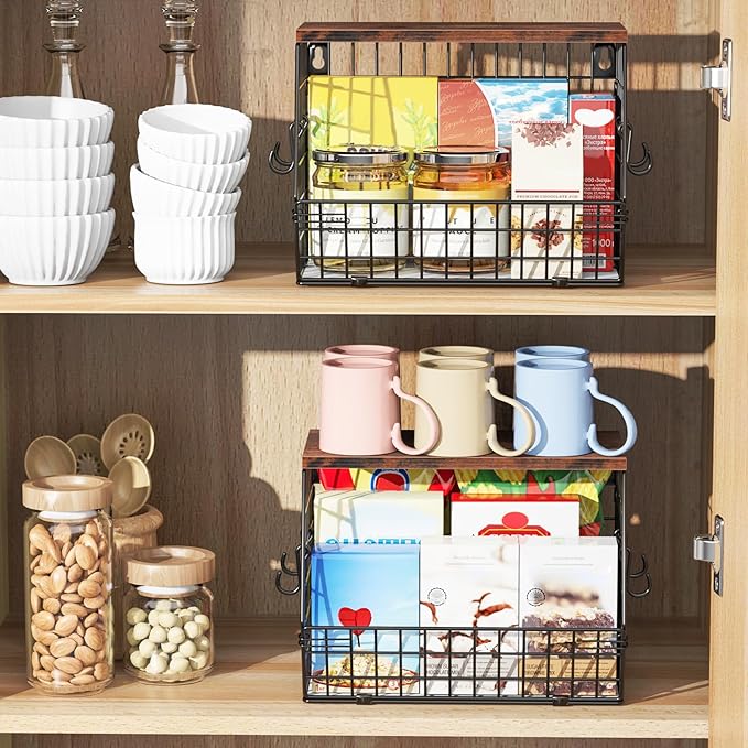 Fruit Bowl for Kitchen Counter Stackable Wall Mounted Hanging Basket Wire Basket with Wood Lid with Banana Hanger Hooks, Onion,Potato,Fruit and Vegetable Storage