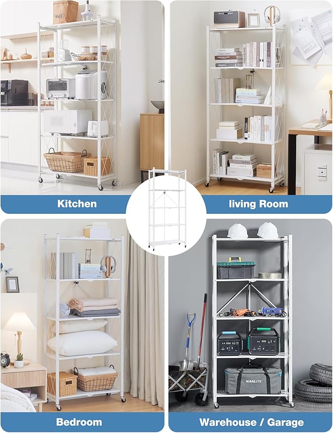 ALANNG 70.7" H Metal Storage Shelves, 5 Tier Folding Shelf on Wheels, Heavy Duty, No Assembly, Rolling, Collapsible Rack Unit for Kitchen, Basement, Pantry (White,2 Pack)