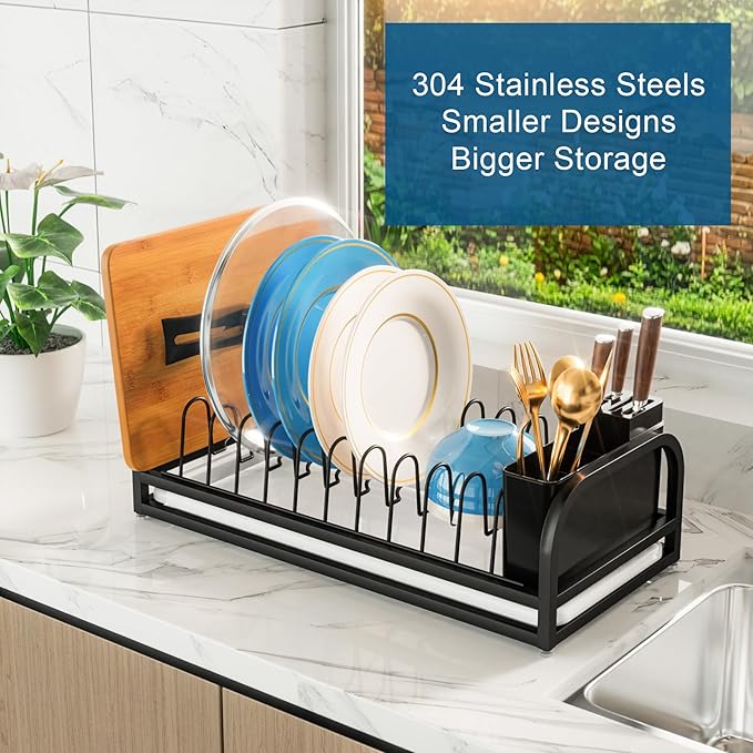 Dish Drying Rack Small for Kitchen Counter, 304 Stainless Steel Kitchen Organizer Rack w Cutlery Holder, Dish Drainer for Pots & Pans, Cutting Boards, Plates, Serving Trays & Lids (Black)