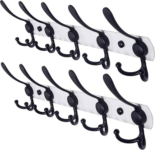 Dseap Wall Mounted Coat Rack - 5 Tri Hooks, Heavy Duty, Stainless Steel, Metal Coat Hook Rail for Coat Hat Towel Purse Robes Mudroom Bathroom Entryway (White & Black, 2 Packs)-NeatNest