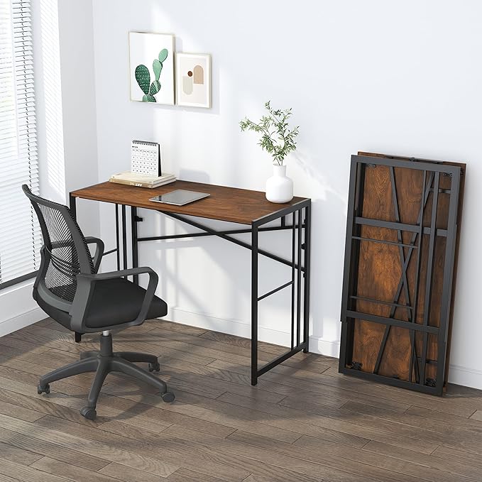 35 inch Folding Small Desk, Writing Gaming Computer Camping Desk for Small Spaces, No Assembly Required Home Office Table, Mahogany-NeatNest
