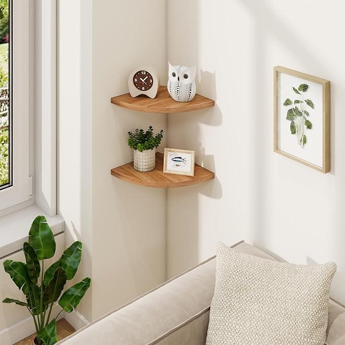 Fun Memories Corner Shelf Wall Mount, Solid Oak Wood Floating Corner Shelves with Cable Hole, 8.5in Rustic Design for Bedroom, Bathroom, Kitchen, Living Room (Natural, 1 Pack)-NeatNest