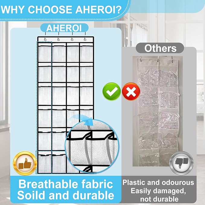 Aheroi Over the Door Shoe Organizer, 24 Pockets Mesh Shoe Organizer Door Hanger, Large Hanging Shoe Rack Holds Up to 40 lbs, Closet Shoe Behind Door Shoe Rack, Durable Shoe Storage Hanging Bag