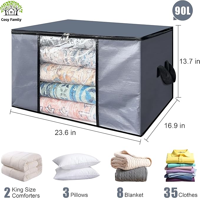Cosy Family 6 Pack 90L Heavy Duty Extra Large Moving Bags with Reinforced Handle - Strong Handles & Zippers, Storage Totes For Space Saving, Fold Flat, Alternative to Moving Box, Grey-NeatNest