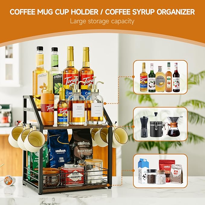 Coffee Station Organizer Mug Cup Holder Stand for Countertop, 3 Tier Coffee Syrup Organizer with 6 Hooks, Home Kitchens(Cabinets), Storage Stations, Office Desktop-NeatNest
