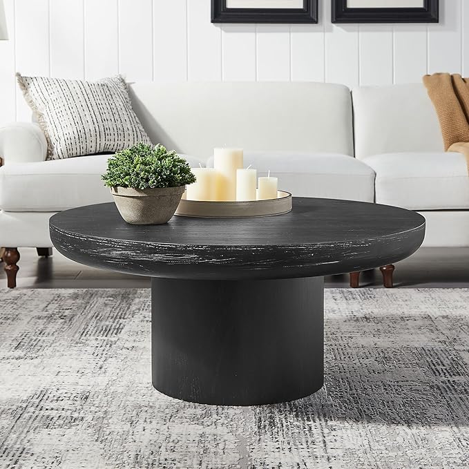 KEVINSPACE Round Coffee Table 36" Wood Coffee Table for Living Room Circle Farmhouse CoffeeTable CenterTable Mid-Century Round WoodCoffeeTable Modern Sofa SideTable Bedroom Home Furniture Black