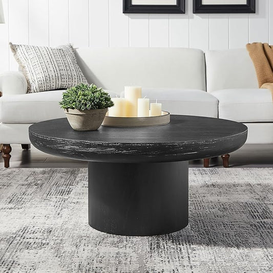 kevinplus 35.98'' Round Coffee Table Circle Wood Coffee Table for Living Room, Modern Retro Style Pedestal Coffee Table, Easy Assembly, Black (ø35.98'' x 15.98'')