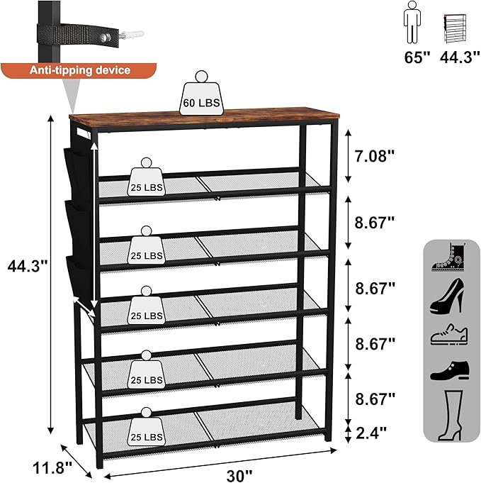 HOMEFORT 6 Tiers Shoe Rack for Entryway,30" Shoe Storage Shelf for Closet, Shoe Organizer with Adjustable Mesh Shelves, for 18-24 Pairs of Shoes, Industrial Shoe Stand with Side Pocket,Rustic Brown-NeatNest