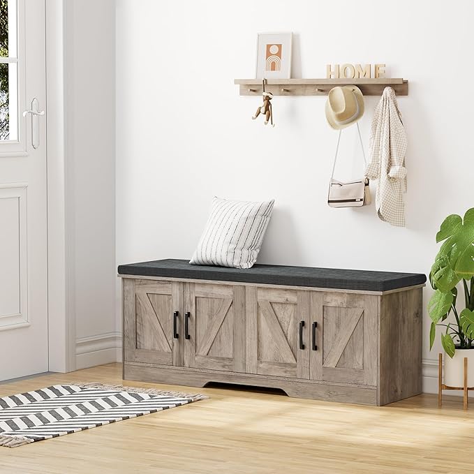 2-Tier Storage Bench, Shoe Bench with Padded Seat Cushion, Entryway Bench with 4 Barn Doors, Adjustable Shelf, 13.8" D x 47.2" W x 17.7" H, for Entryway, Living Room, Bedroom, Greige-NeatNest