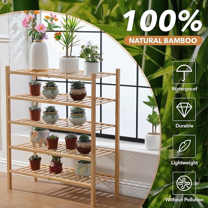 5 Tier Bamboo Shoe Rack Storage Organizer for Closet, Multifunctional Stackable Free Standing Shoe Shelf Organizer for Small Space,Entryway,Hallway,Bathroom 27"x11"x32"(Natural, 5 Tier)-NeatNest