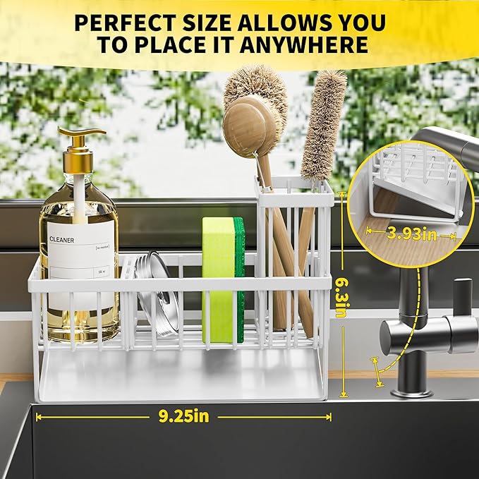 Cisily Sink Caddy Sponge Holder for Kitchen Sink, 304 Stainless Steel Rustproof, Kitchen Sink Caddy with High Brush Holder, Kitchen Sink Organzier Dish Sponge Organizer with Divider(White)-NeatNest