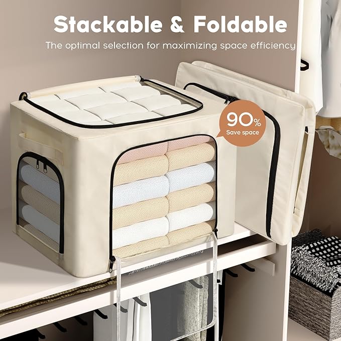 3-Pack Clothes Storage Bins with Metal Frame, Foldable 40L Linen Storage Boxes with Lids, Zippers & Durable Handles, Clear Windows (Cream)-NeatNest
