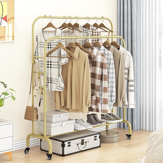Garment Rack with Wheels Clothing Rack for Hanging Clothes Multi-functional Bedroom Clothes Rack，Gold+Double Rods-NeatNest