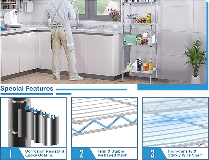 4-Tier Metal Wire Shelving Unit Kitchen Shelf Organizer Height Adjustable Storage Rack Utility Snack Shelf, NSF Certified Storage Shelves for Laundry Bathroom Kitchen Pantry Organization-NeatNest