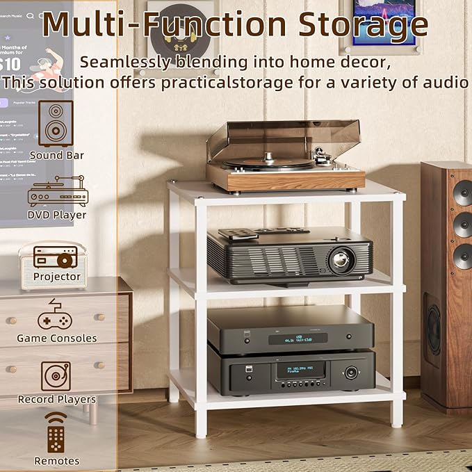 3-Tier AV Media Player Stand, white Stereo Cabinet, Modern Stereo Cabine,Game Console Shelf,Wooden TV Stand,Multifunctional Entertainment Center, Suitable for Home, Conference Room, Game Studio-NeatNest