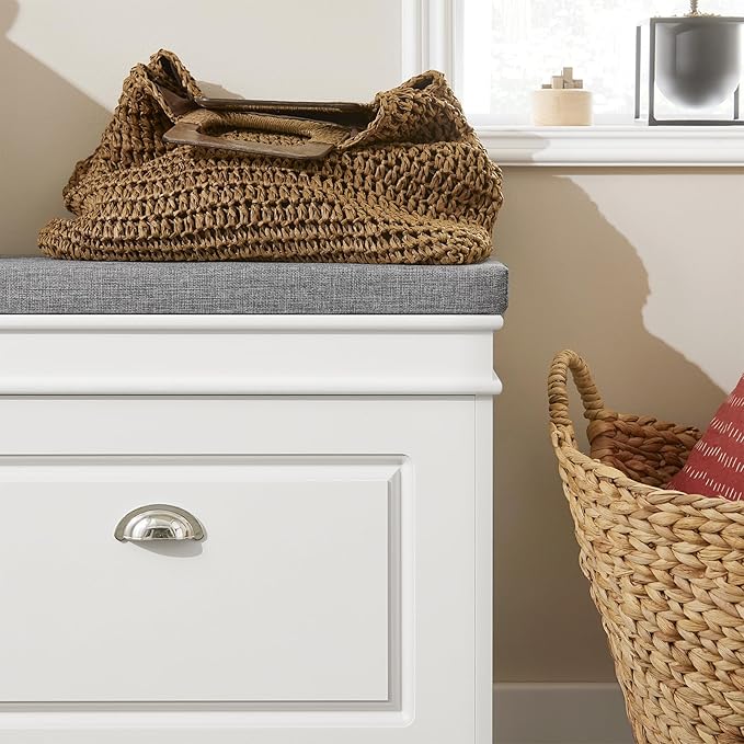Haotian White Hallway Shoe Bench, Narrow Shoe Rack Entryway, Small Shoe Cabinet with 1 Flip-Drawer and Seat Cushion, FSR82-K-W-NeatNest