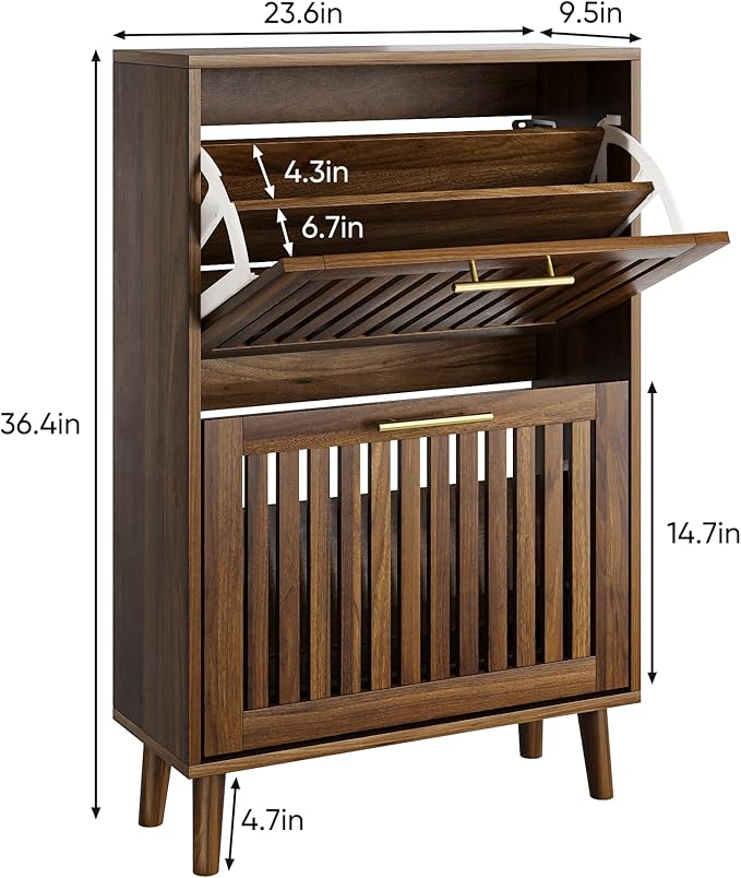 Vibe & Dine 2 Flip Drawer Shoe Cabinet, Narrow Shoe Rack with Gold Handles, Freestanding Shoe Storage Cabinet for Entryway Slim, Wood Shoe Organizer Cabinet for Hallway, Bedroom, Walnut-NeatNest