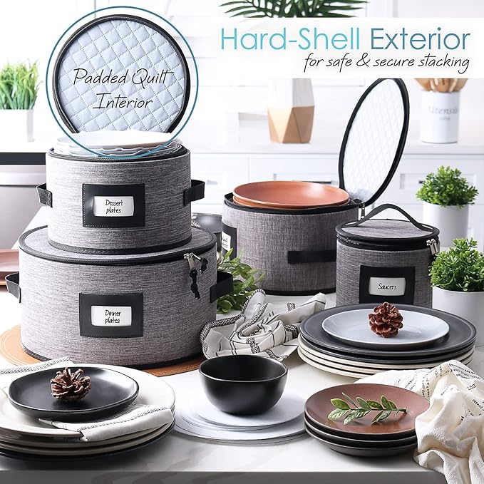 Hearth & Harbor Fine China Storage Containers, 6 Piece Dish Storage Containers, Stackable Plate Storage, Coffee Mug Storage and Wine Glass Storage Box with Dividers, Quilted Dish Organizers, Grey-NeatNest