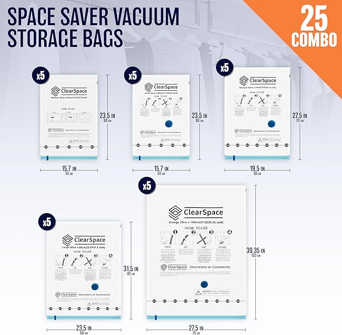 Vacuum Seal Bags for Clothing Travel, 25 Combo - Space Saver Vacuum Storage Bags, Blanket & Clothes Storage Bags Vacuum Sealed – Hand Pump Included, Bolsas Para Guardar Ropa Al Vacío