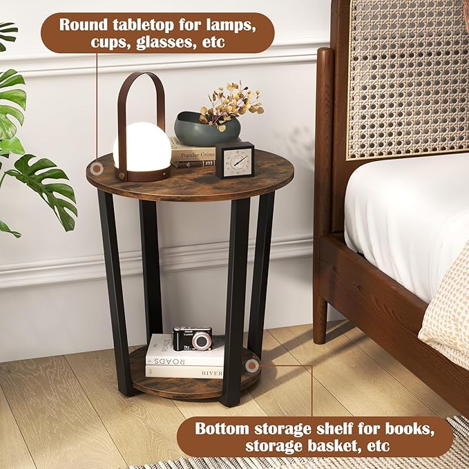 Giantex Round End Table, 2-Tier Side Sofa Table with Open Storage Shelf and Metal Frame, Industrial Nightstand Bedside Table for Living Room, Bedroom, Small Space, Accent Furniture, Rustic Brown