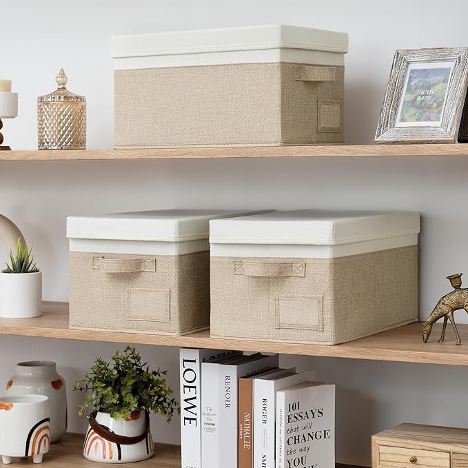 GRANNY SAYS Storage Bins with Lids, Linen Storage Bins for Shelves, Decorative Storage Boxes, Clothes Storage and Organization, Storage Boxes for Organizing, 3-Pack, Khaki&Ivory-NeatNest