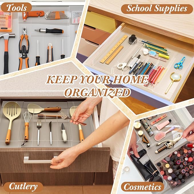 Expandable Kitchen Drawer Organizer Clear Acrylic Utensil Organizer Adjustable Acrylic Silverware Storage for Kitchen Drawers Silverware Flatware Knives(6-8 Compartments,12 x 16 Inches)