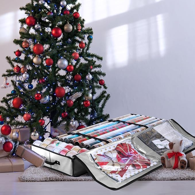 Hearth & Harbor Wrapping Paper Storage Container - Christmas Storage Bag with Interior Pockets - Gift Wrap Organizer Fits Up to 22 Rolls of 40" - Tear Proof, Silver-NeatNest