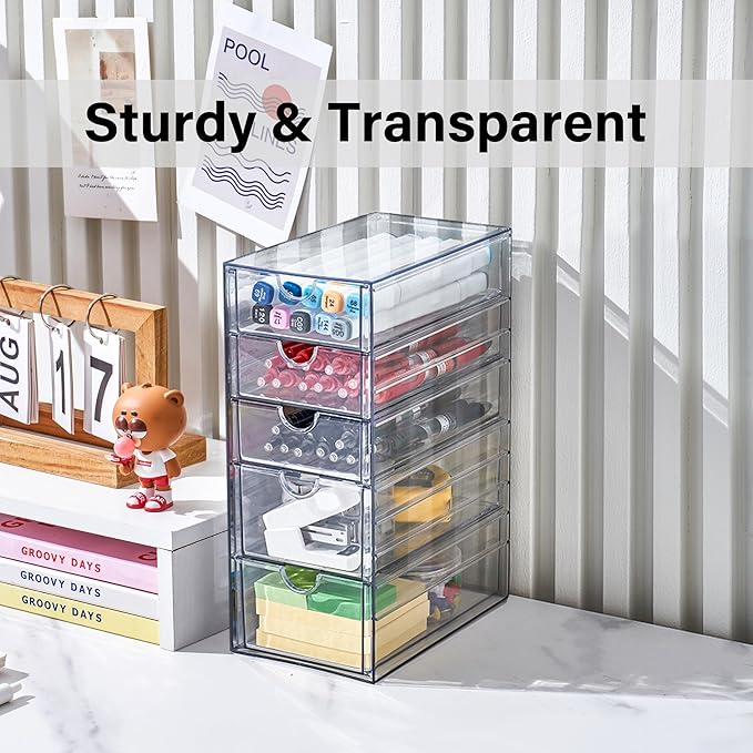 Prsildan Acrylic Drawer Makeup Organizer with 5 Drawers, Hair Accessories Organizer, Office Desk Organization, Clear Stackable Storage Drawers for Vanity, Countertop, Craft, Jewelry-NeatNest
