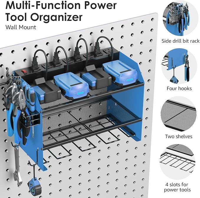 CCCEI Set Power Tool Organizer Wall Mount with Charging Station. Garage 4 Drill Storage Shelf with Hooks, Heavy Duty Metal Tool Battery Charger Organizer. Shop Utility Rack with Power Strip Blue.-NeatNest