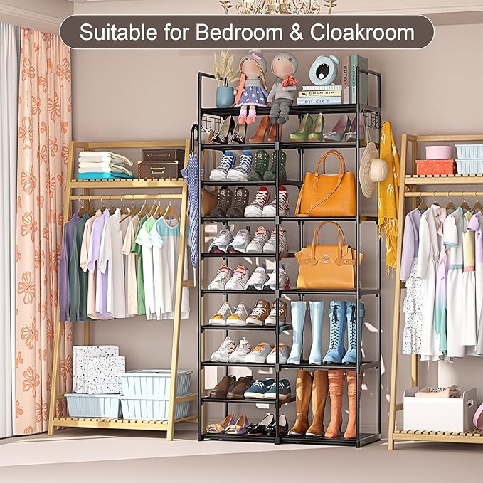 Kottwca 2 Row 10 Tier Tall Shoe Rack Organizer for Closet Entryway, 40-45 Pair Shoe Boot Storage Rack, Metal Shoe Shelf Small Vertical Stackable Shoe Stand for Bedroom Corner-NeatNest