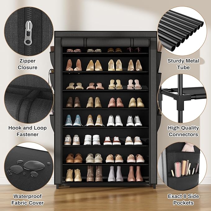 Shoe Rack with Cover, 8 Tier Tall Shoe Organizer Storage for 36-45 Pair Shoes and Boots Large Shoe Storage Shelf Free Standing Shoe Rack for Closet, Front Door Entrance, Dorm, Garage-NeatNest