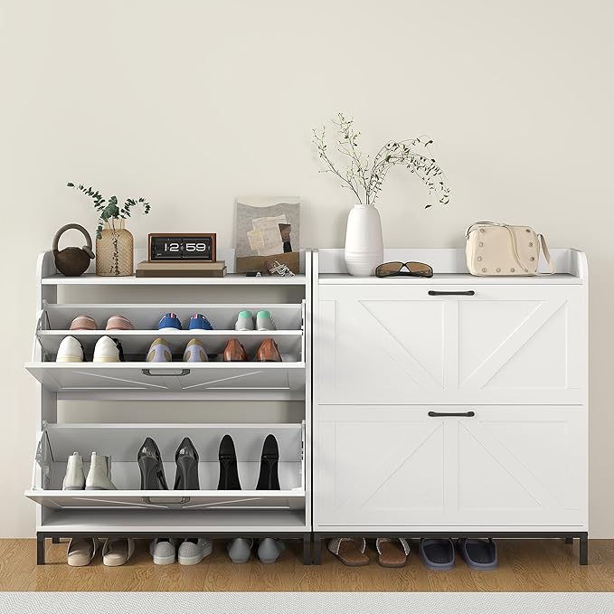 HOMCOM Shoe Storage Cabinet with 2 Flip Drawers, Legs, Farmhouse Freestanding Narrow Shoe Cabinet, Slim Hidden Rack Organizer for Entryway, Hallway, White Wood Grain-NeatNest
