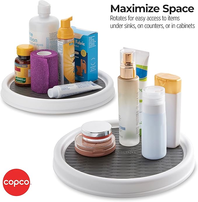 Copco 9 Inch Non Skid Pantry Cabinet Lazy Susan Turntable, Set of 2, Spinning Organizer for Kitchen, Countertop, or Bathroom, White and Gray-NeatNest