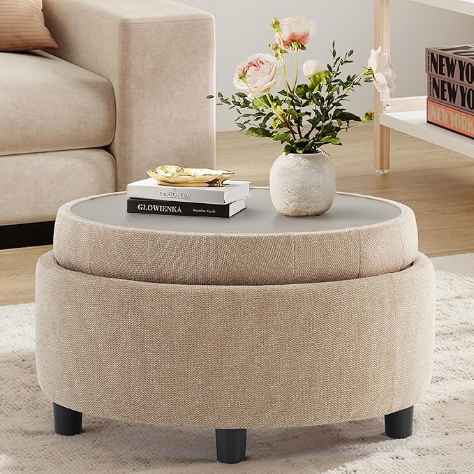 COLAMY Fabric Round Storage Ottoman with Reversible Tray Lid – Multi-Functional Footrest, Hidden Storage, Sturdy & Stylish Small Coffee Table for Living Room, Bedroom, or Entryway(Camel)-NeatNest