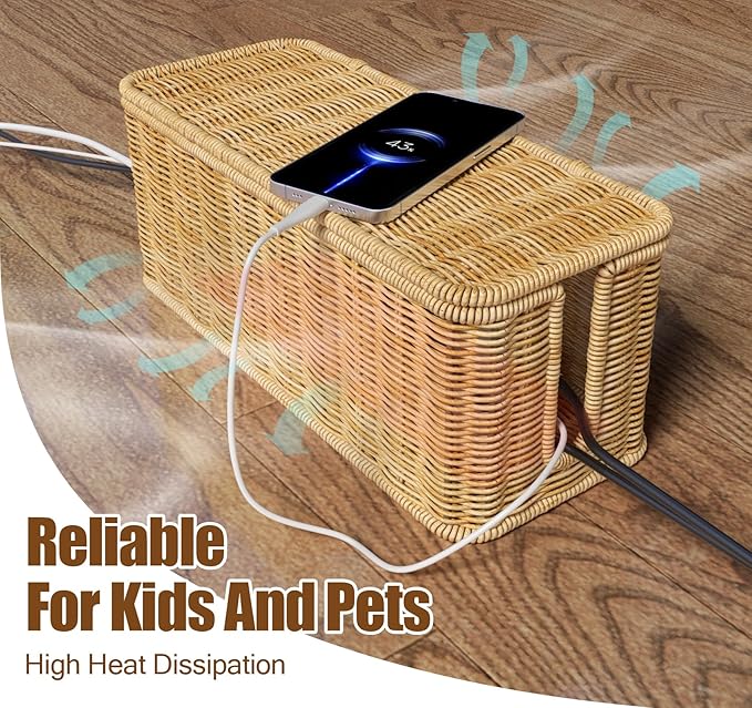 Cable Management Box,2 Pack Handwoven Imitation Rattan Cord Hider Organizer Box with Lid,2 Open Slots Cable Organizer Box for Tv Computer USB Hub to Hide Power Strips & Cords-Brown