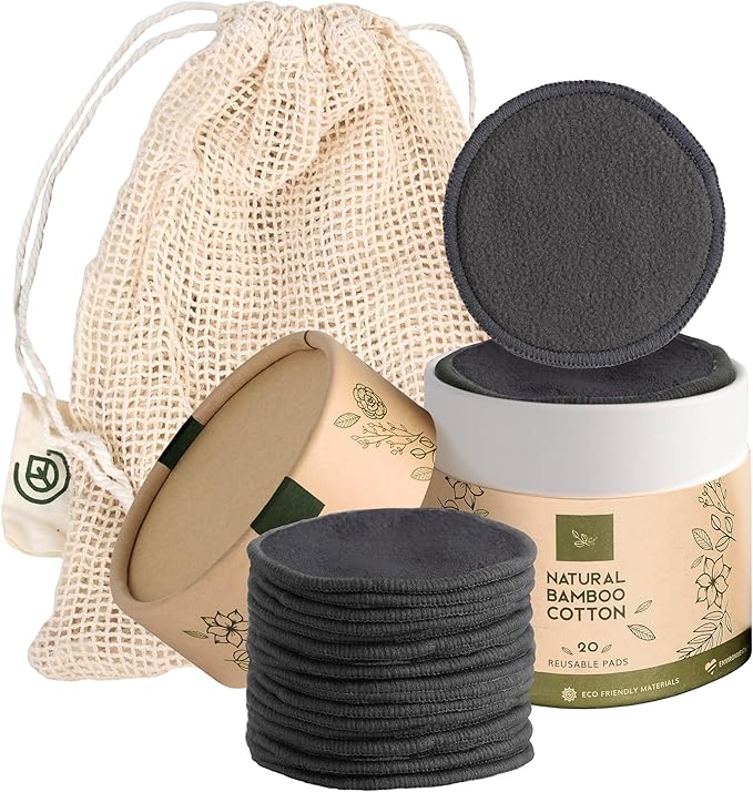 Greenzla Reusable Makeup Remover Pads - 20 Pack Organic Dark Charcoal Bamboo Cotton Pads with Mesh Laundry Bag, Cotton Travel Pouch, & Cotton Rounds Holder, Sustainable Face Wipes for All Skin Types-NeatNest