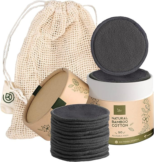 Greenzla Reusable Makeup Remover Pads - 20 Pack Organic Dark Charcoal Bamboo Cotton Pads with Mesh Laundry Bag, Cotton Travel Pouch, & Cotton Rounds Holder, Sustainable Face Wipes for All Skin Types-NeatNest