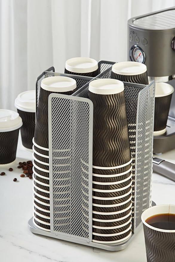 Annova Paper Cup and Lid Holder Plastic Cup Storage Organizer, 360°Rotating Coffee Cup Dispenser with 4 Compartments, Multifunctional Cup Storage Rack for Home, Office, Bar, Coffee Shop (Silver)-NeatNest