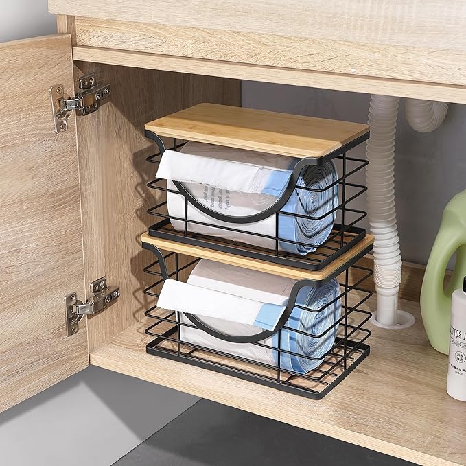 Extra Large Trash Bag Holder Under Sink 2 Pack Stackable Kitchen Storage with Bamboo Lid, Garbage Bag Dispenser Roll Holder, Pantry Organizers Wall Mounted Laundry Room Organization Storage-NeatNest