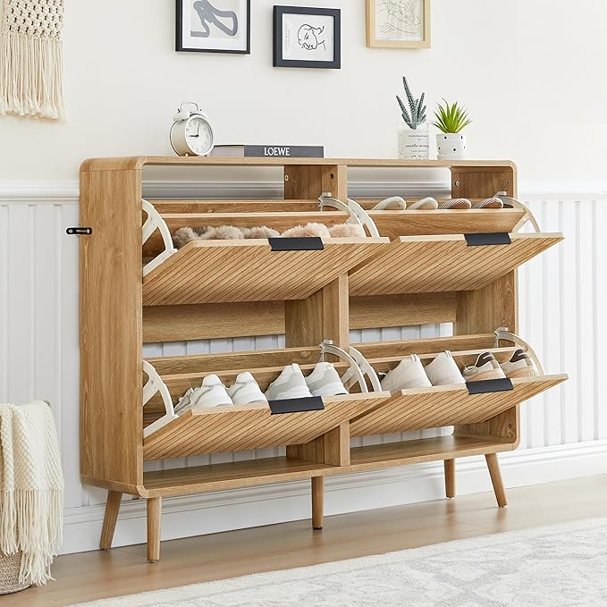 47" Fluted Large Shoe Cabinet with 4 Flip Drawers, Slim Freestanding Shoe Cabinet Organizer, Narrow Shoes Storage Rack for Entryway (Natural, 9.45" D x 47.24" W x 35.83" H)