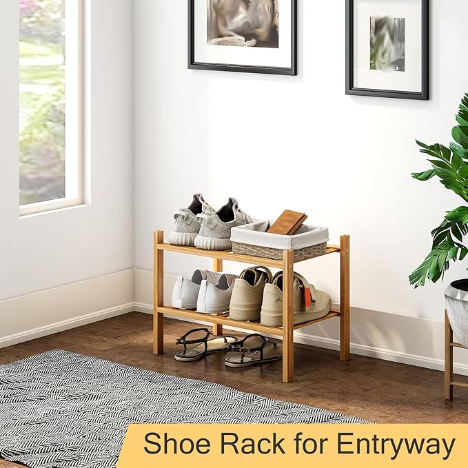 Small Shoe Rack, 2-Tier Bamboo Stackable Shoe Shelf Storage Organizer, Shoe Stand for Closet, Entryway and Hallway-NeatNest