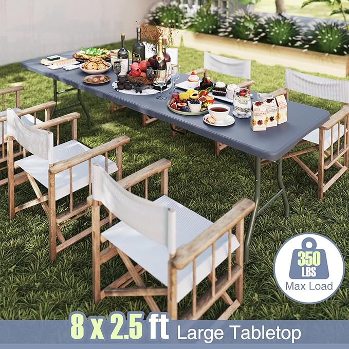 Goplus 8ft Plastic Folding Table, 350 LBS Outdoor Heavy Duty Folding Tables with HDPE Tabletop, Handle, Lock, Foldable Rectangle Portable Utility Card Table for Picnic, Party, Camping, Dining-NeatNest