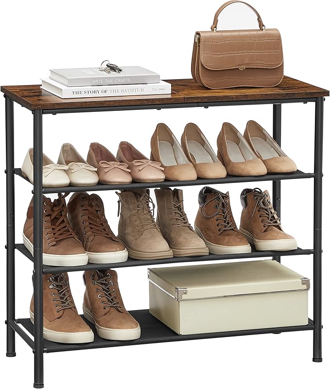 VASAGLE Shoe Rack, 4-Tier Shoe Storage Organizer for Entryway and Closet, Holds 9-12 Pairs of Shoes, 3 Fabric Shelves, Steel Frame, Industrial, Rustic Brown and Black ULBS035B01-NeatNest