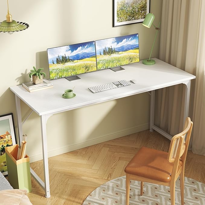 Huuger Computer Desk, 55 Inch Home Office Desk, Gaming Writing Work from Home Study Desk, Large Legroom, Sturdy Metal Frame, Modern Simple, White-NeatNest