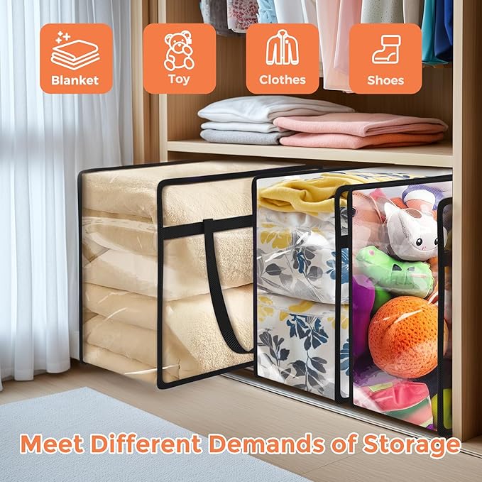 Budding Joy 6 Pack Clear Zippered Storage Bags for Clothes,40L Closet Organizers and Storage Containers Vinyl Moving Bag for Bedding, Linen, Blankets, Comforters, Clothing & Toys, Black-NeatNest