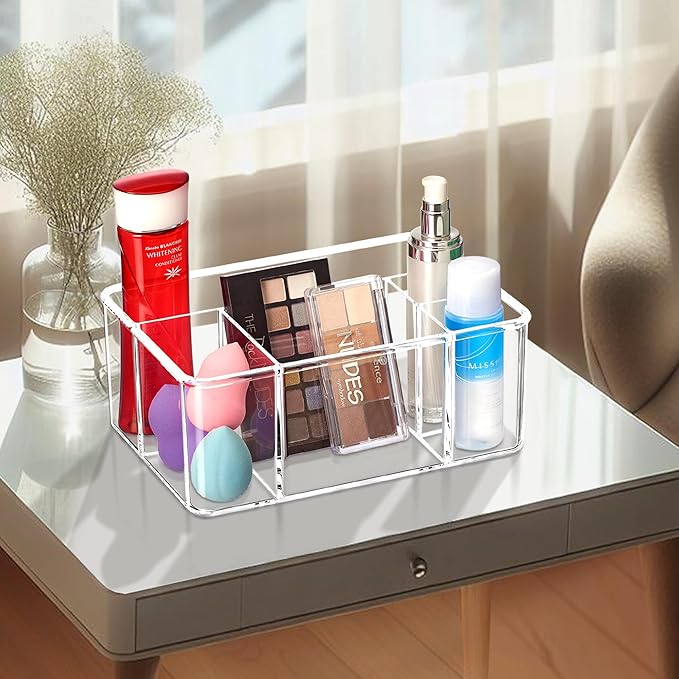Amazing Abby - Glamour - Acrylic 5-Compartment Makeup Organizer, Transparent Plastic Beauty Supply Holder, Perfect Bathroom Vanity Storage Solution for Makeup Palettes, Makeup Brushes, and More-NeatNest