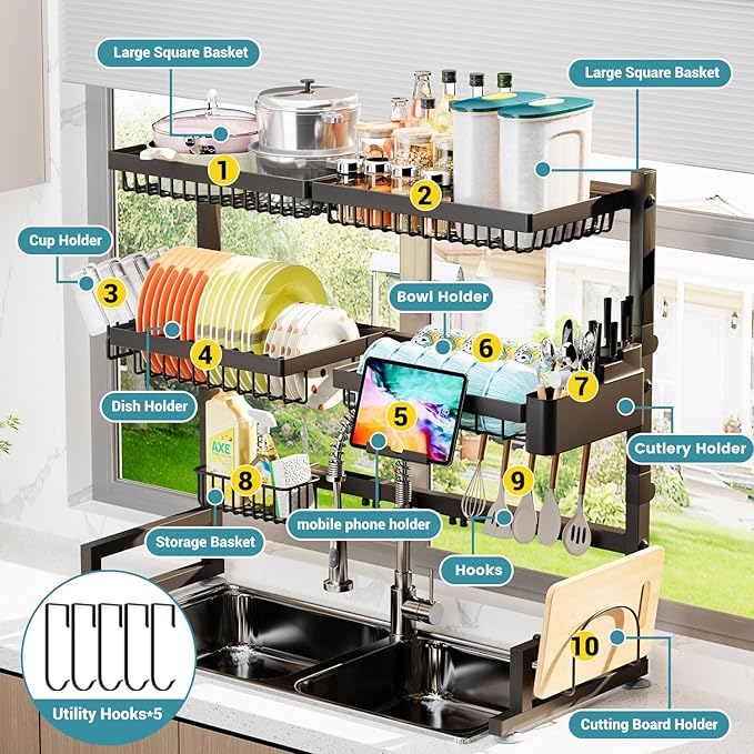 ADBIU Over The Sink Dish Drying Rack (Expandable Height and Length) Snap-On Design 2 Tier Large Dish Rack (27-37L x 12W x 32.5-37H (inches))
