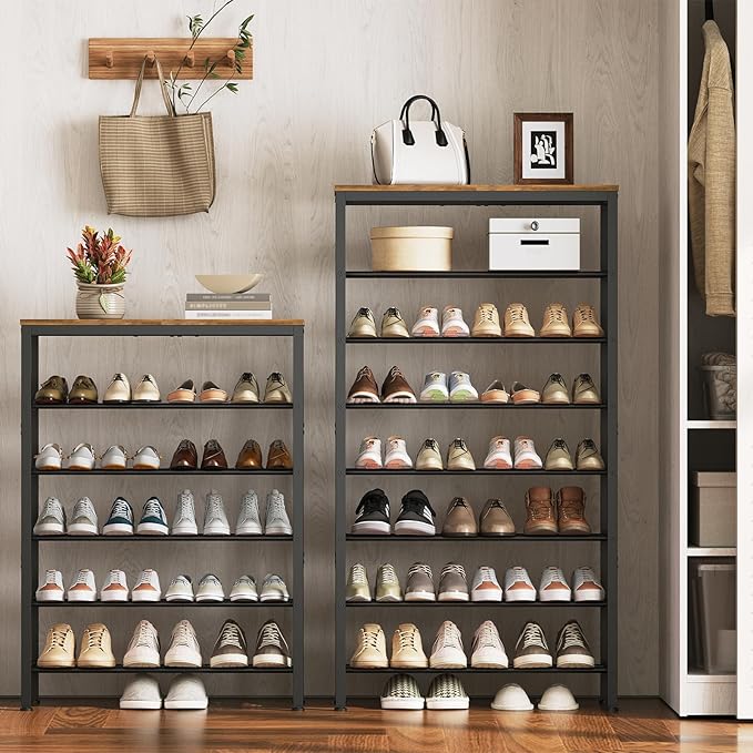 6 Tier Tall Shoe Rack, Large-Capacity Storage Organizer, Free Standing Shoe Shelf for Closet, Adjustable Metal Shoe Racks for 24 Pairs of Shoes, Rustic Brown and Black SS76BR-NeatNest