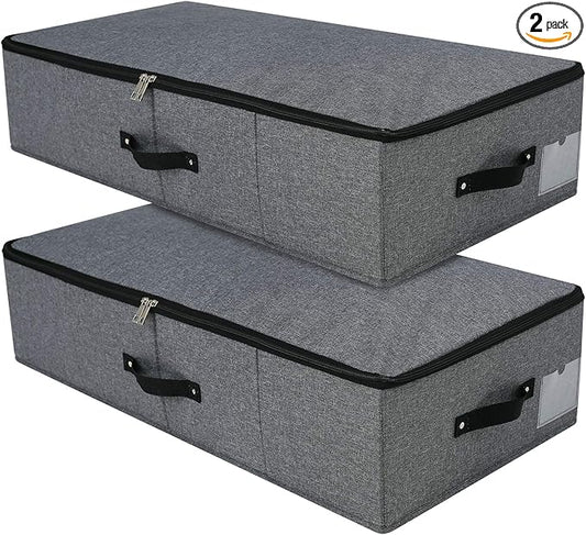 2PCS Foldable Under Bed Storage Box with Plastic Support Liner, Handles, Zipper lid, Blankets Clothes Comforters Storage Bin Organizer for Bedroom and Closet, 29×15×7inch, Black Grey-NeatNest