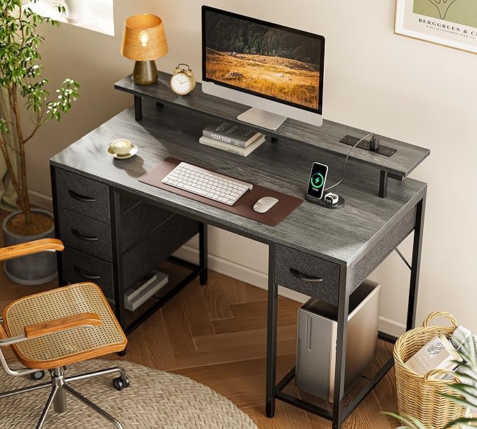 Huuger 47 inch Computer Desk with 4 Drawers, Gaming Desk with LED Lights & Power Outlets, Home Office Desk with Large Storage Space for Bedroom, Work from Home, Grey-NeatNest